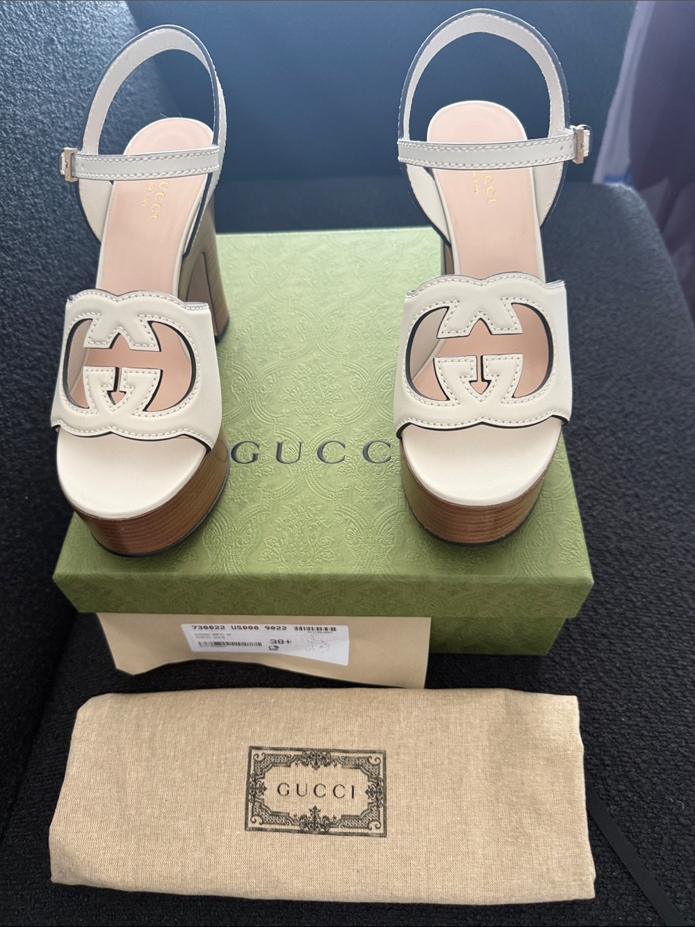 Gucci Cream Leather Platform Sandals with Wood Block Heel